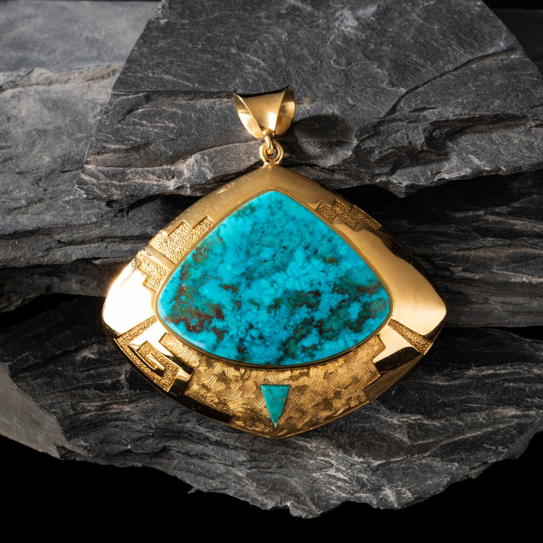 Don Supplee (Hopi, b. 1965) Large Statement 18K Gold and Gem Grade Turquoise Pendant: Don Supplee (Hopi, b. 1965) Large Statement 18K Gold and Gem Grade Turquoise Pendant marked 18K with artist's hallmark length 3-1/4 inches x width 3-1/8 inches weight 66.9 dwt. Property from the Colle