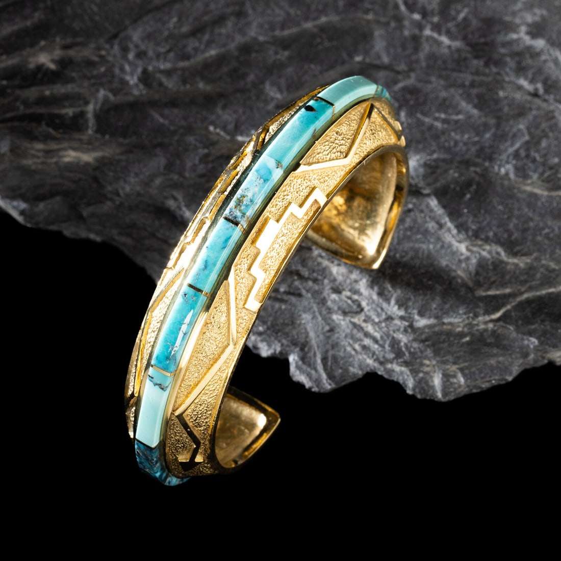 Don Supplee (Hopi, b. 1965) 18K Gold and Turquoise Cuff Bracelet: Don Supplee (Hopi, b. 1965) 18K Gold and Turquoise Cuff Bracelet marked on interior with artist's hallmark and 18K width 5/8 inch interior circumference 5-1/8 inches + gap length 1-1/16 inches weight 