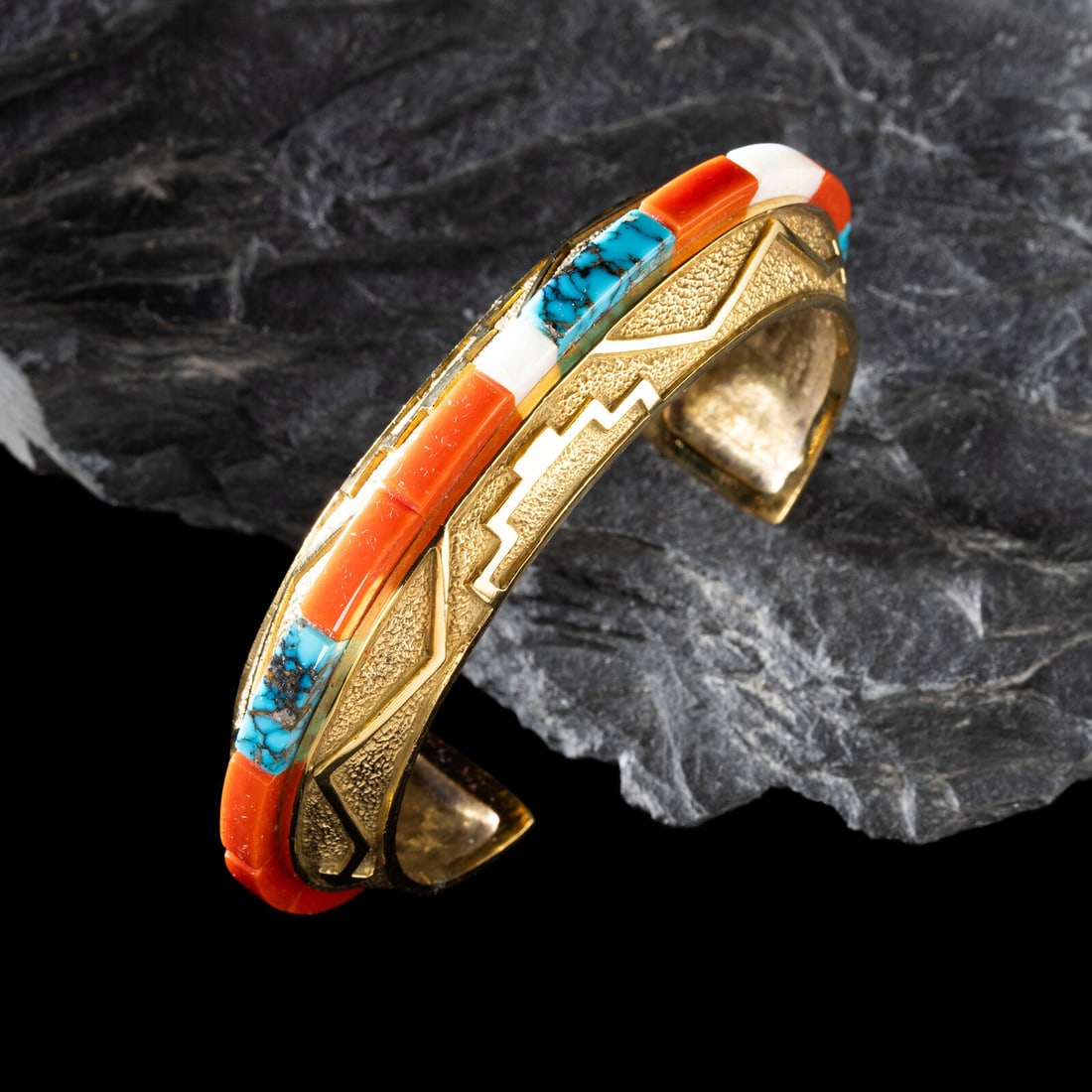 Don Supplee (Hopi, b. 1965) 18K Gold, Coral, Turquoise, and Opal Cuff Bracelet: Don Supplee (Hopi, b. 1965) 18K Gold, Coral, Turquoise, and Opal Cuff Bracelet marked faintly 18K with artist's hallmark width 5/8 inch interior circumference 5-1/8 inches + gap length 1-1/4 inches we