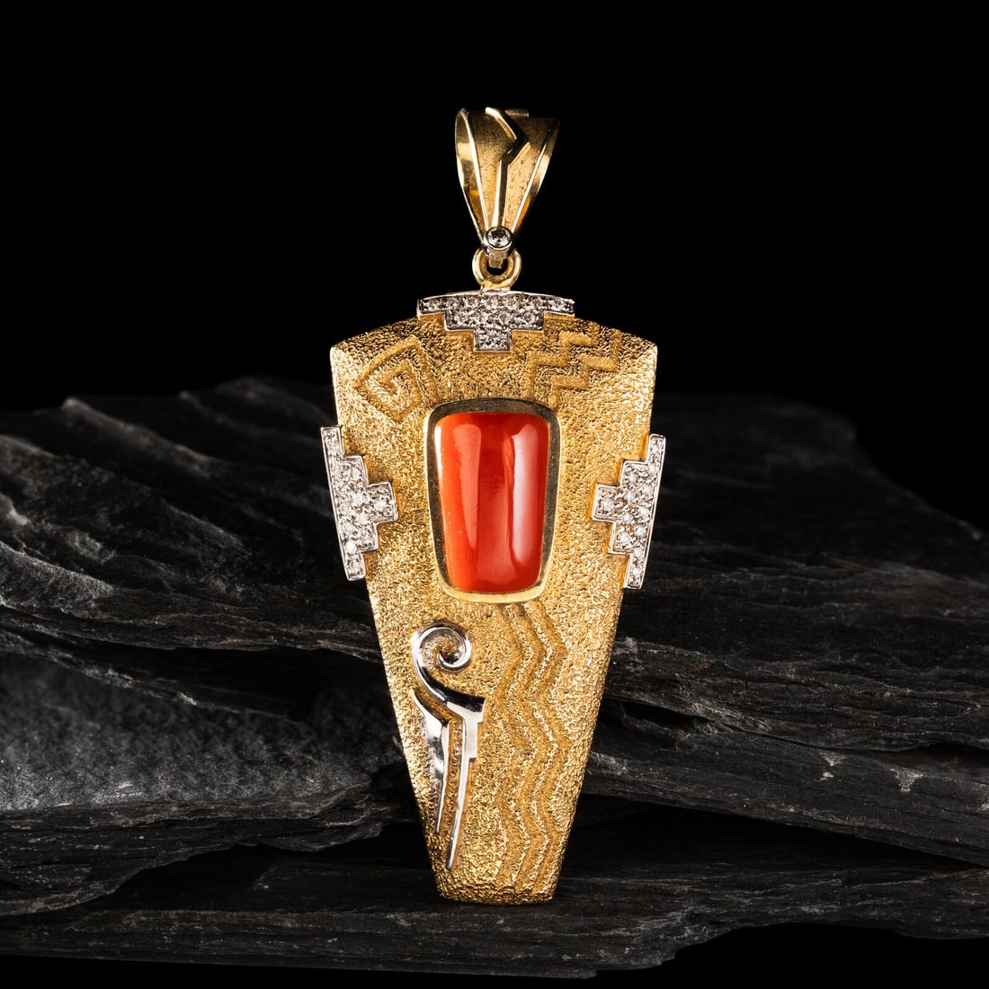 Don Supplee (Hopi, b. 1965) 14K Gold Tufa Cast, Coral, Turquoise, and Diamond Pendant: Don Supplee (Hopi, b. 1965) 14K Gold Tufa Cast, Coral, Turquoise, and Diamond Pendant the front, set with a central coral stone and 37 diamonds; the back, set with a single turquoise cabochon and mark