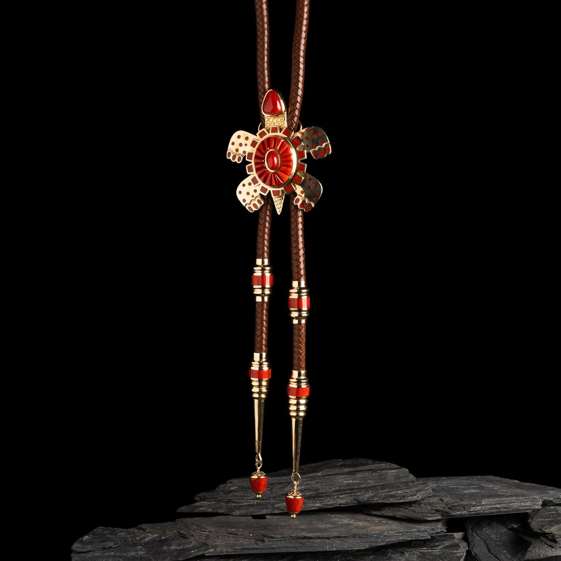 Vernon Haskie (Dine, b. 1968) 14k Gold and Mediterranean Coral Turtle Bolo Tie (1 of 3)