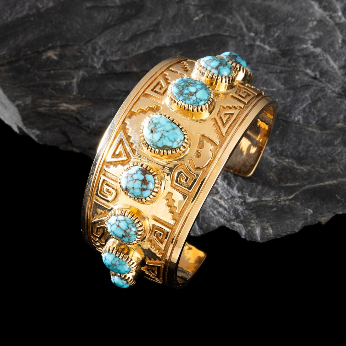 Vernon Haskie (DinÈ, b. 1968) 14K Gold and Gem Grade Turquoise Cuff Bracelet (1 of 4)