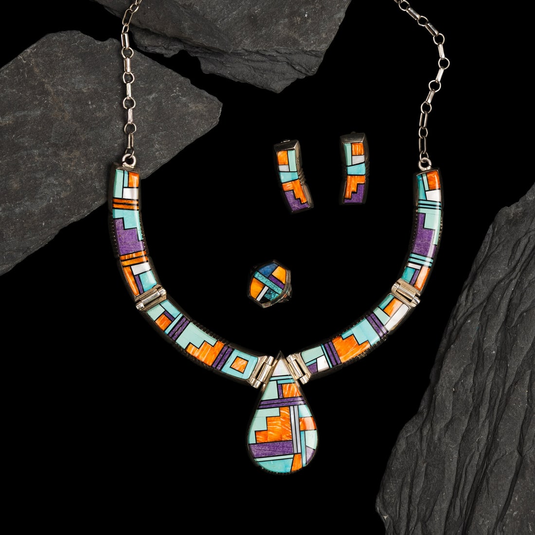 Alvin Yellowhorse (DinÈ, b. 1968) Sterling Silver and Mosaic Inlay Necklace, Earring, and Ring (1 of 2)