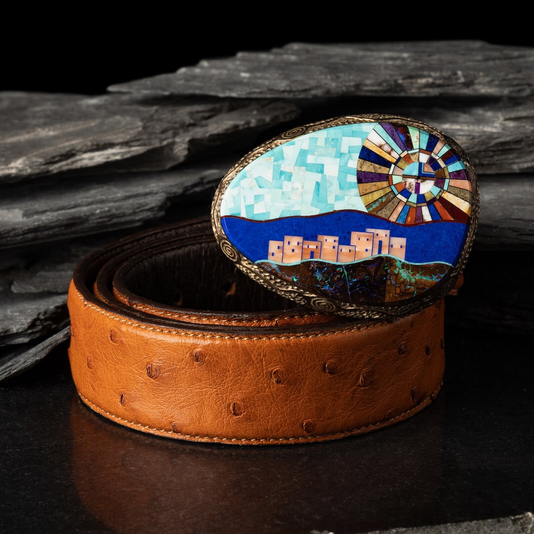 Alvin Yellowhorse (DinÈ, b. 1968) Silver and Mosaic Inlay Pueblo Scene Belt Buckle (1 of 3)