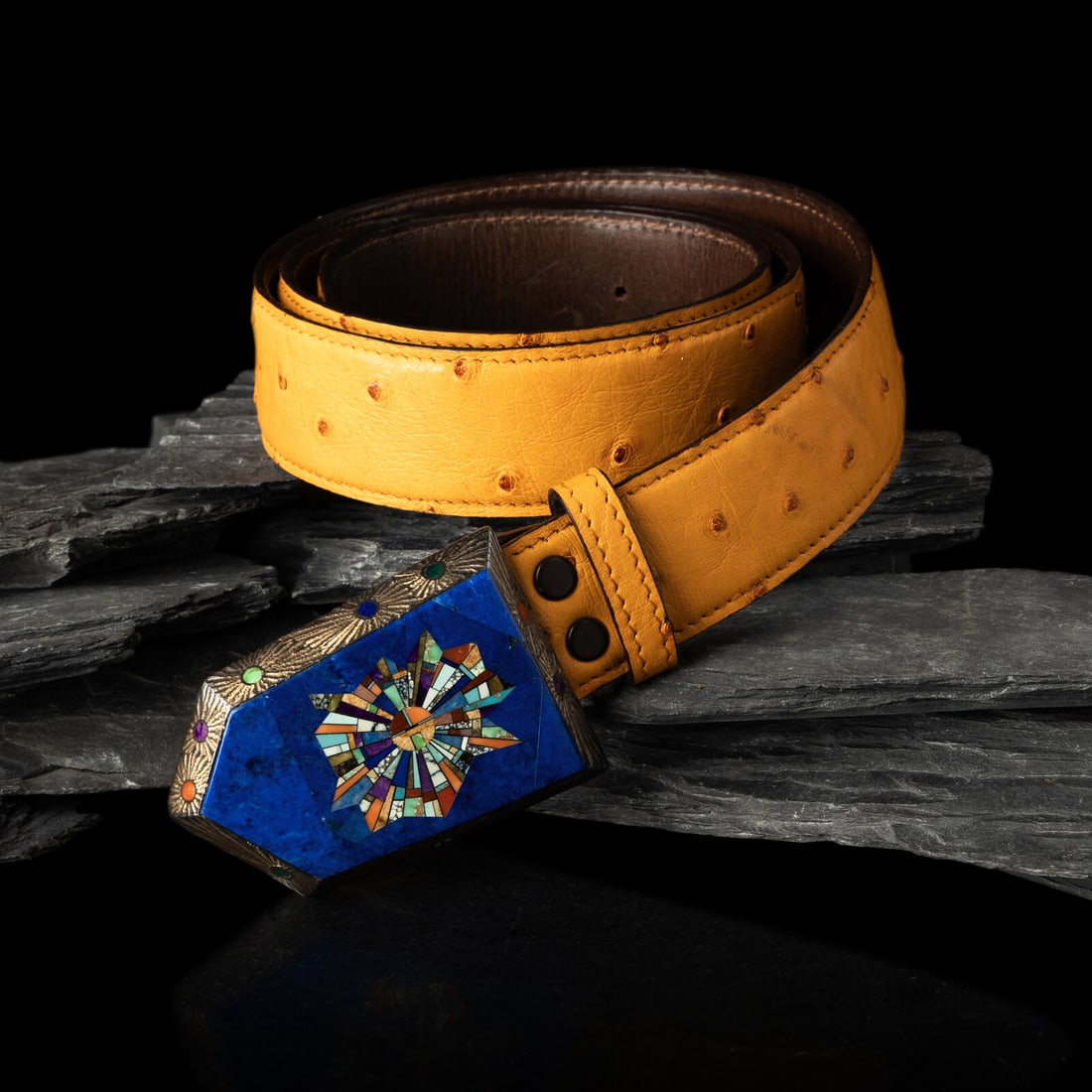 Alvin Yellowhorse (DinÈ, b. 1968) Sterling Silver and Mosaic Inlay Belt Buckle: Alvin Yellowhorse (DinÈ, b. 1968) Sterling Silver and Mosaic Inlay Belt Buckle signed and marked STERLING on back buckle height 2 inches x width 3 inches belt opening 1-5/8 inches weight 66.0 dwt