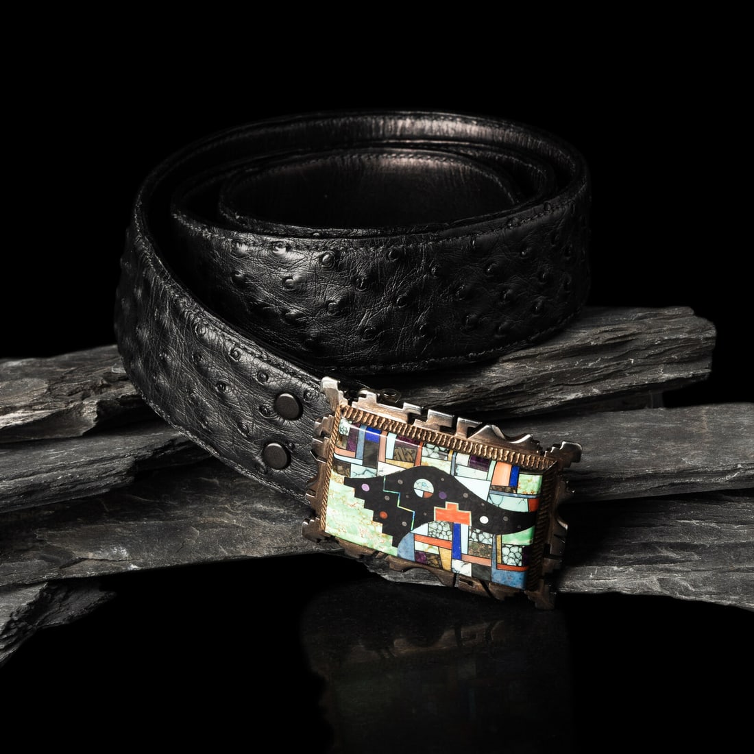 Alvin Yellowhorse (DinÈ, b. 1968) Sterling Silver and Mosaic Inlay Belt Buckle: Alvin Yellowhorse (DinÈ, b. 1968) Sterling Silver and Mosaic Inlay Belt Buckle signed and marked STERLING on back height 2 inches x width 2-7/8 inches belt opening 1-5/8 inches weight 58.5 dwt. b