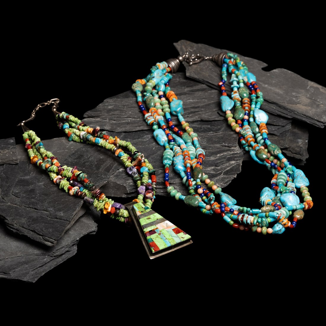 Daniel Coriz (Kewa, 20th/21st century) Four-strand Necklace, with Sterling Silver Mosaic Inlay: Daniel Coriz (Kewa, 20th/21st century) Four-strand Necklace, with Sterling Silver Mosaic Inlay Pendant, PLUS lot of 2, includes: a four-strand necklace strung with turquoise, sugilite, lapis, and spin