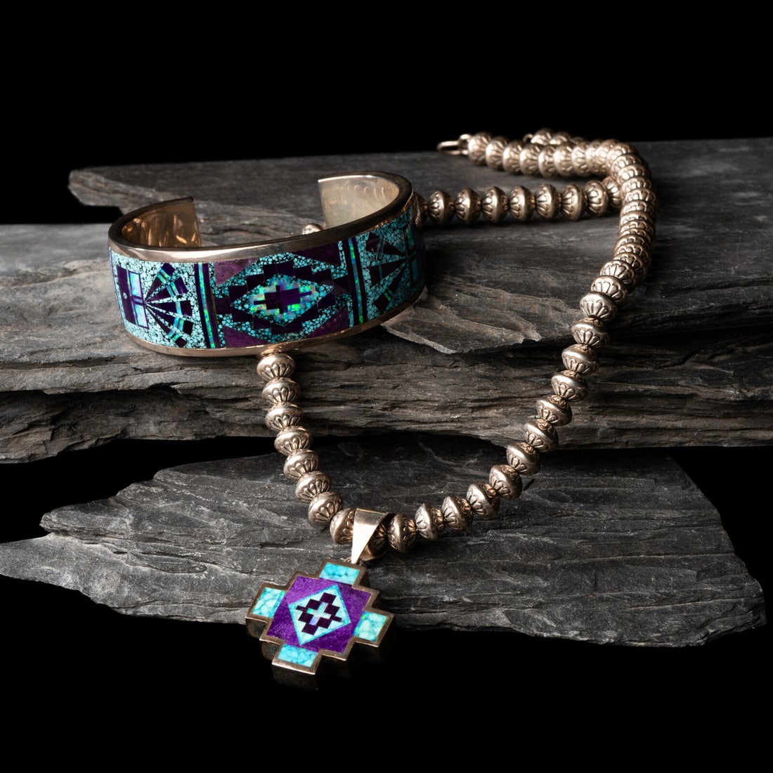 Peterson Chee (DinÈ, 20th century) Sterling Silver and Mosaic Inlay Cuff Bracelet and Matching (1 of 3)