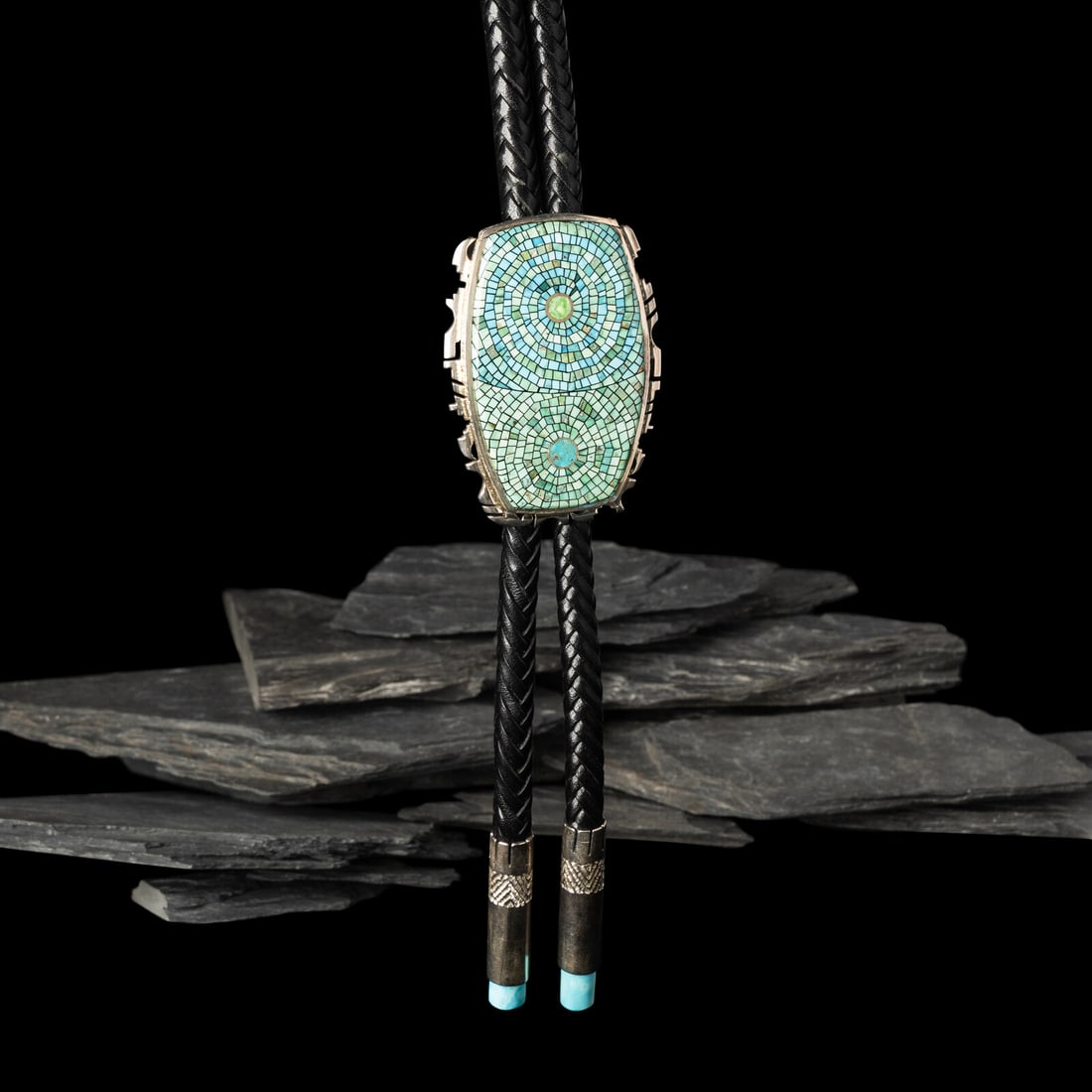 Bryon Yelllowhorse (Dine, b. 1972) Silver and Turquoise Mosaic Inlay Bolo Tie: Bryon Yelllowhorse (Dine, b. 1972) Silver and Turquoise Mosaic Inlay Bolo Tie signed by artist on back of slide slide length 3-1/4 inches x width 2-1/4 inches bolo length 32 inches total weight 103.6 