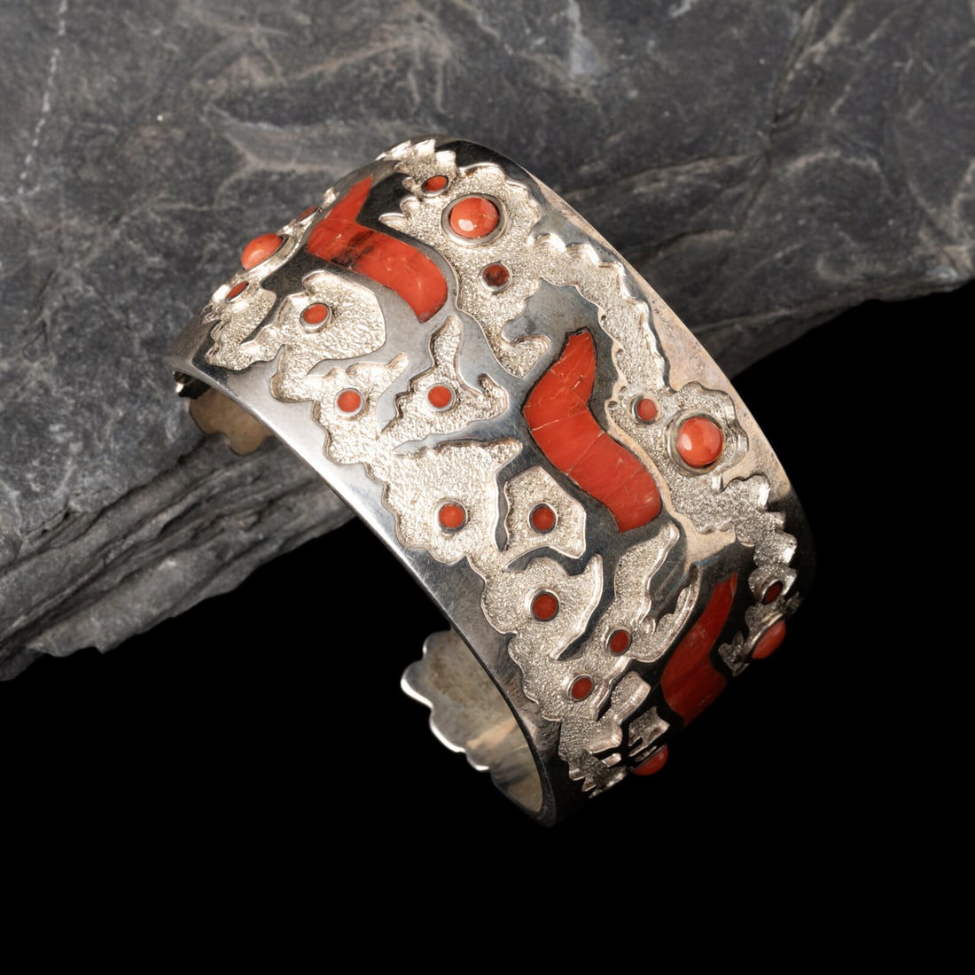Michael Perry (DinÈ, b. 1972) Sterling Silver and Coral Horse Cuff Bracelet (1 of 4)