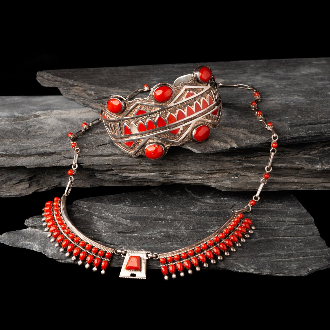 Michael Perry (DinÈ, b. 1972) Sterling Silver and Coral Cuff Bracelet, PLUS (1 of 3)