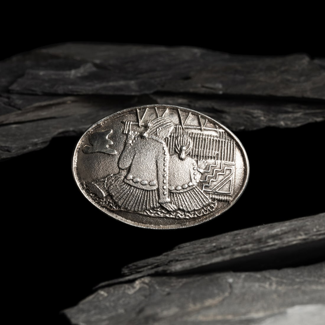 Philander Begay (DinÈ, b. 1982) Sterling Silver Tufa Cast Belt Buckle, with Weaving Scene (1 of 2)