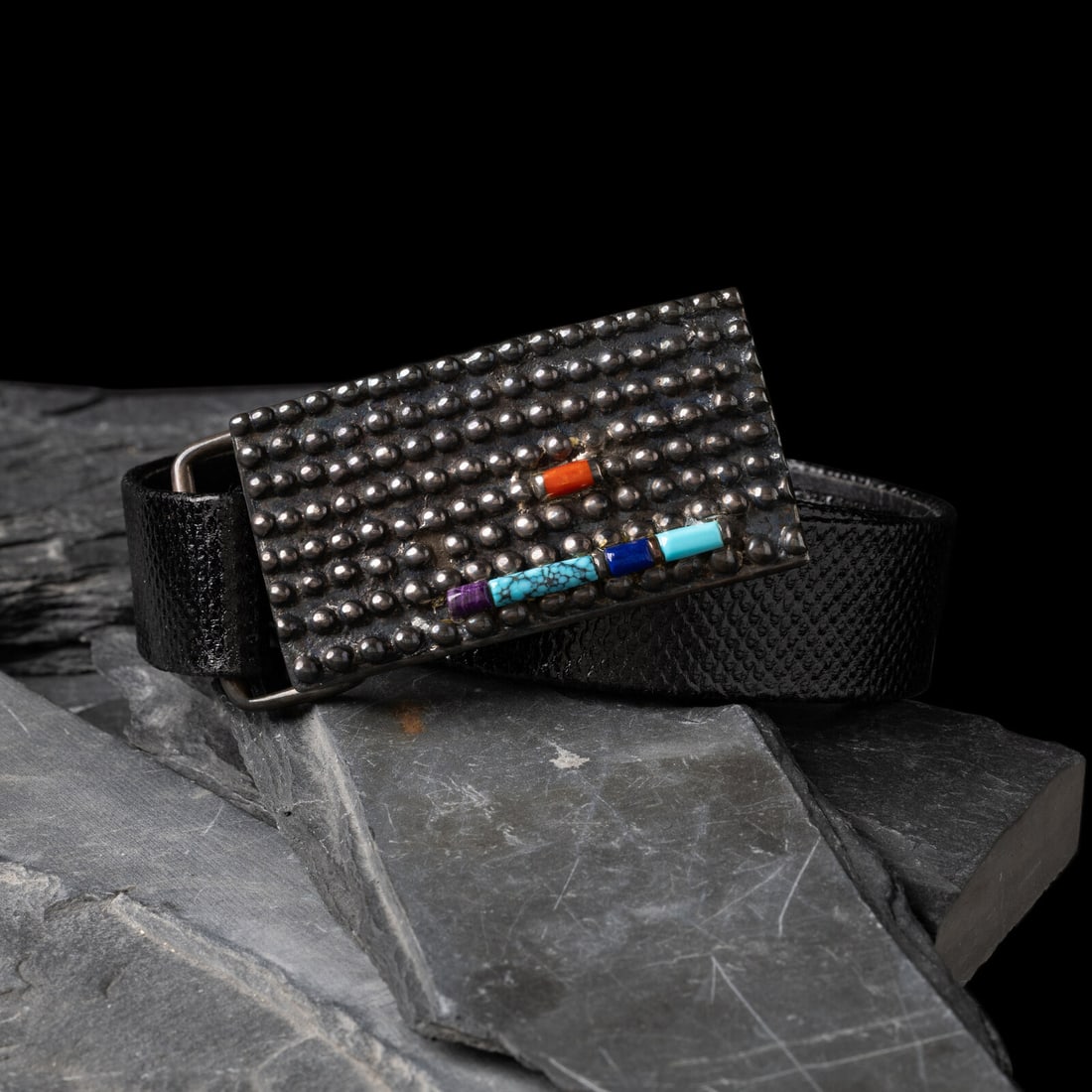 Navajo Tufa Cast Silver Belt Buckle, with Inlay (1 of 2)