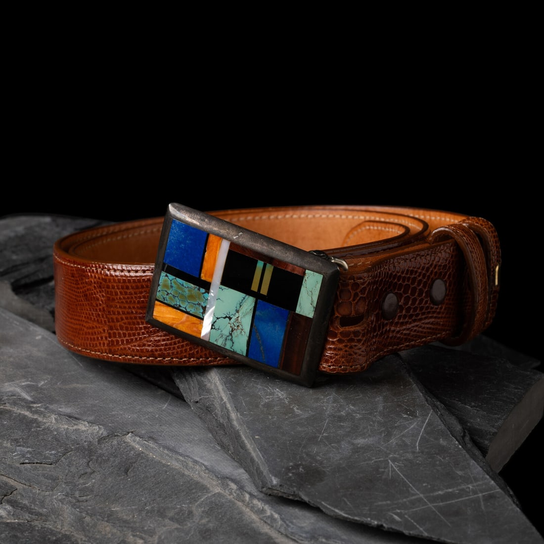 Navajo Multi-stone Inlay Belt Buckle: Navajo Multi-stone Inlay Belt Buckle late 20th - early 21st century marked ROYER height inches 1-3/4 inches x 2-3/8 width inches belt opening 1-1/2 inches weight 23.7 dwt. belt length 38-1/2 inches x