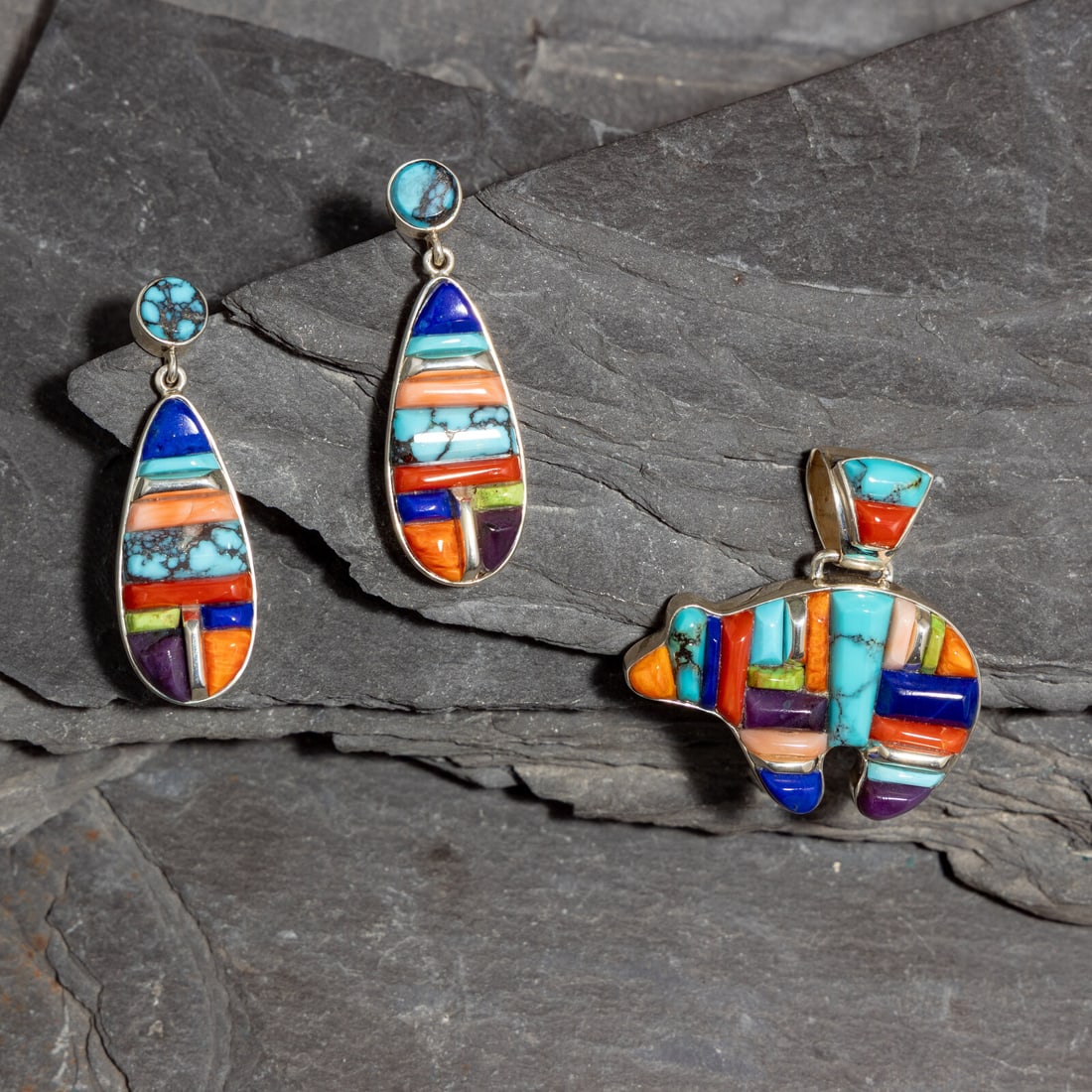 Sherry Barney and Cathy Webster Bennett (DinÈ, 20th century) Sterling Silver and Multi-stone: Sherry Barney and Cathy Webster Bennett (DinÈ, 20th century) Sterling Silver and Multi-stone Inlay Bear Pendant, PLUS lot of 2, includes: a bear pendant set with turquoise, lapis, coral, sugilite