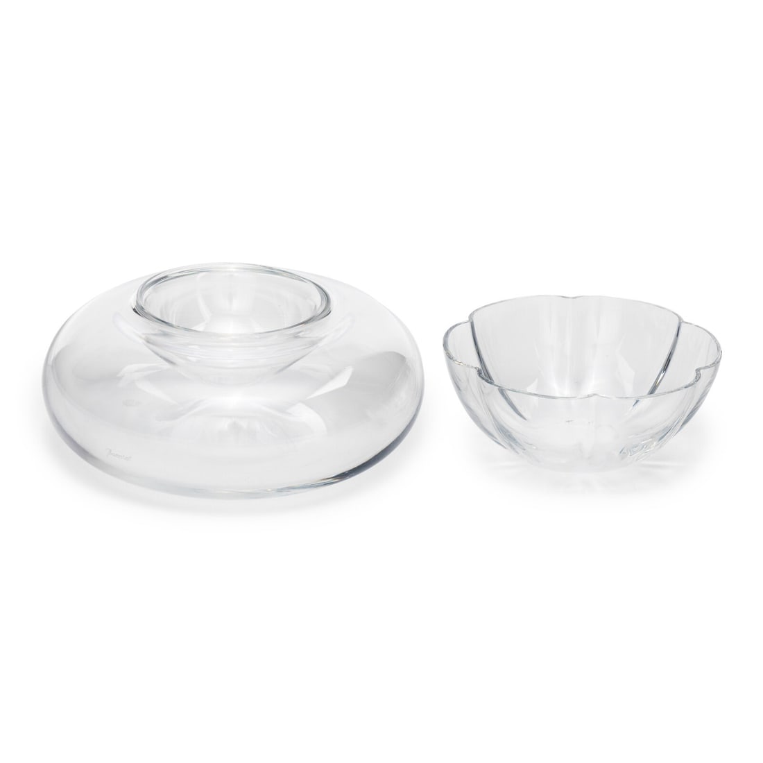 A Baccarat Vesuve Caviar Server and Corail Serving Dish: A Baccarat Vesuve Caviar Server and Corail Serving Dish 20th Century each with etched manufacturer's mark to underside. Diameter of first 8 inches. Property from the Estate of Beverly Flynn, Chicago, 