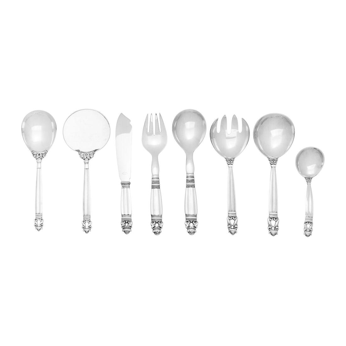 A Set of Eight Georg Jensen Acorn Silver Serving Articles: A Set of Eight Georg Jensen Acorn Silver Serving Articles Second Half 20th Century comprising a pair of salad servers, a vegetable spoon, a vegetable fork, a pastry server, a casserole spoon, a jam sp