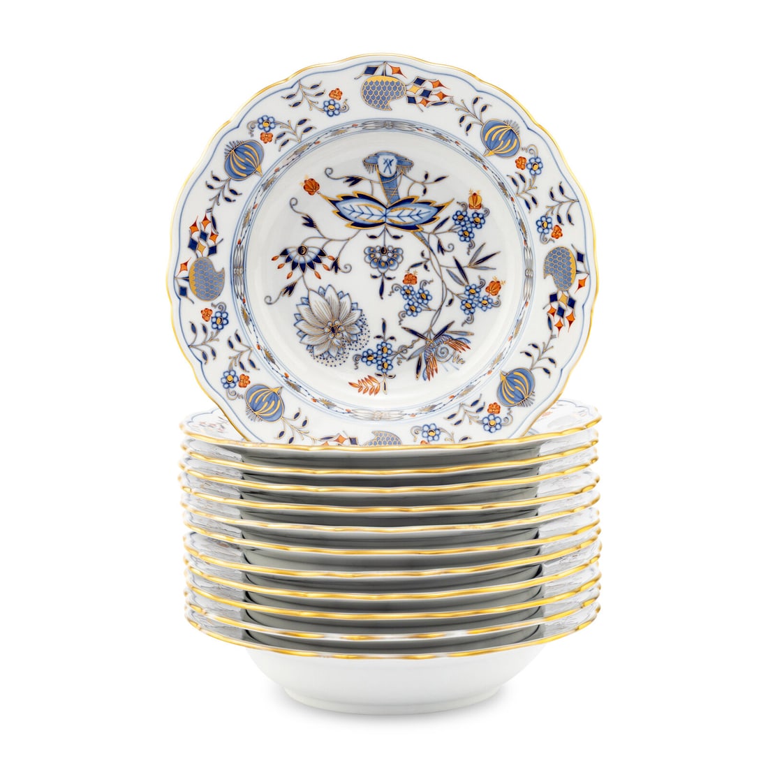 A Set of Twelve Meissen Parcel Gilt Blue Onion Porcelain Soup Plates (1 of 5)