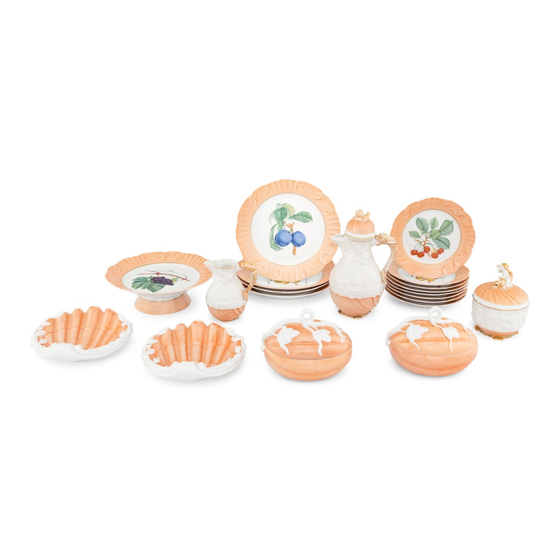 A Collection of Mottahedeh Salmon Porcelain Table Articles: A Collection of Mottahedeh Salmon Porcelain Table Articles 20th Century 4 Summer Fruit dinner plates 8 Summer Fruit dessert plates 1 Summer Fruit footed dessert tray 2 melon form covered tureens 2 she
