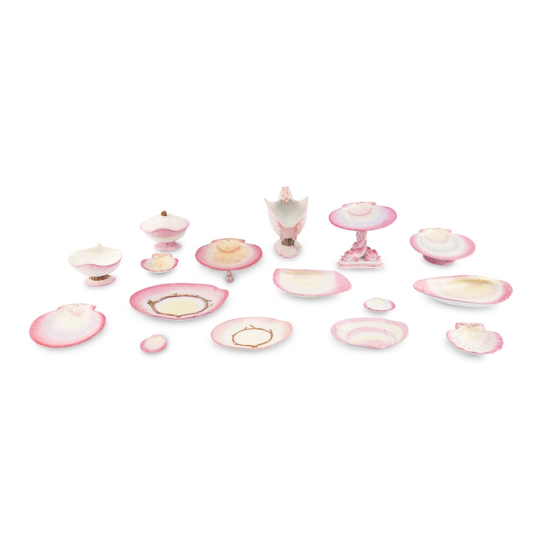 A Collection of Wedgwood Pink Pearlware Articles: A Collection of Wedgwood Pink Pearlware Articles 19th Century with impressed marks to undersides, comprising a center bowl with stand; a dessert stand on dolphin base; a footed dish with cover and sta
