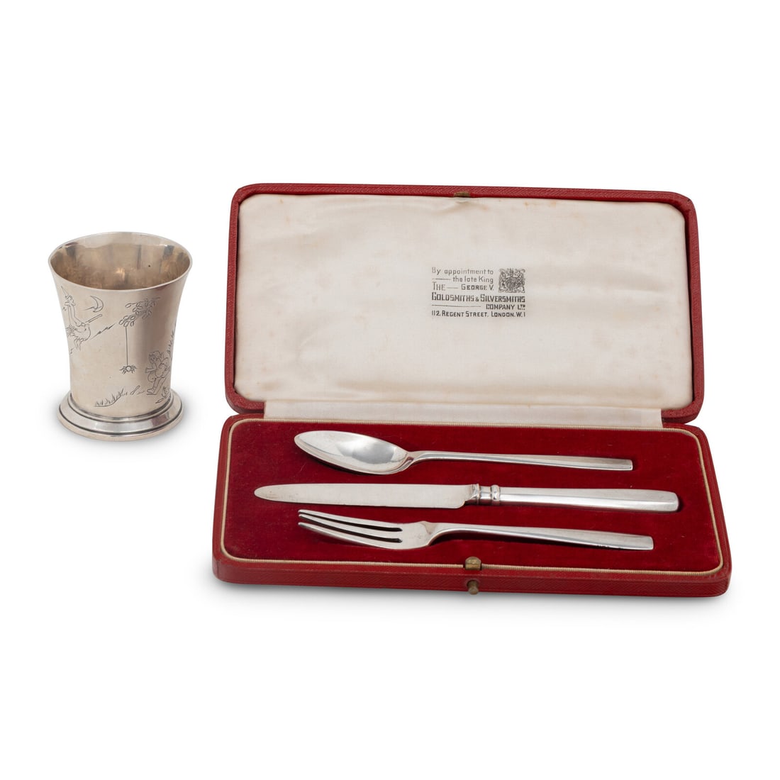 An English Silver Child's Cutlery Set and Cup (1 of 4)