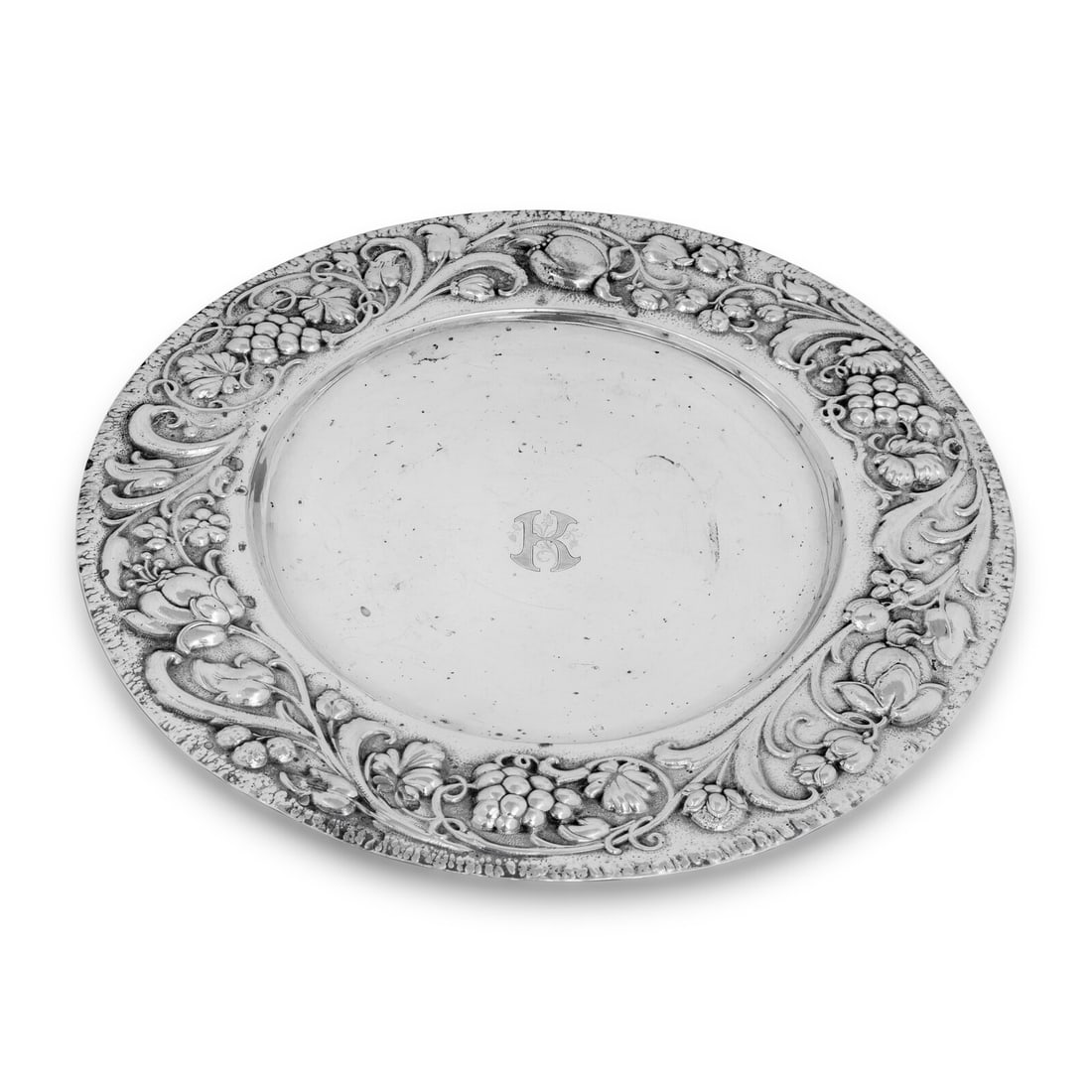 A German Silver Serving Dish: A German Silver Serving Dish Lazarus Posen, Frankfurt am Main, Late 19th/Early 20th Century the dish centered with an engraved monogram 'K'. marked with '800' standard on border near rim 31 ozt 6 dwts