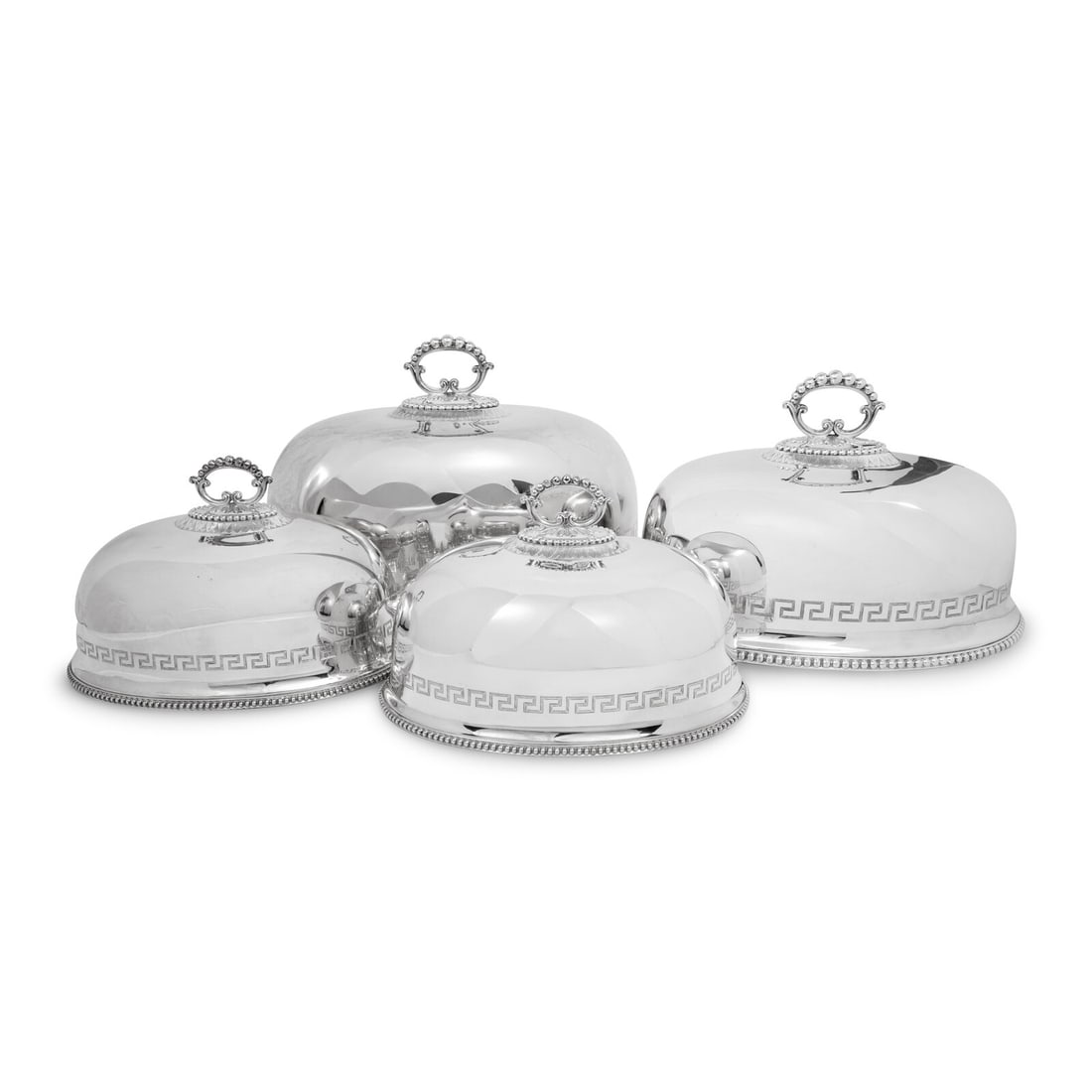 A Set of Four English Silver-Plate Cloches: A Set of Four English Silver-Plate Cloches A.B. Savory and Sons, London, Second Half 19th Century each engraved with a crest and motto Height 13 x length 21 inches, the larger examples. Property of a