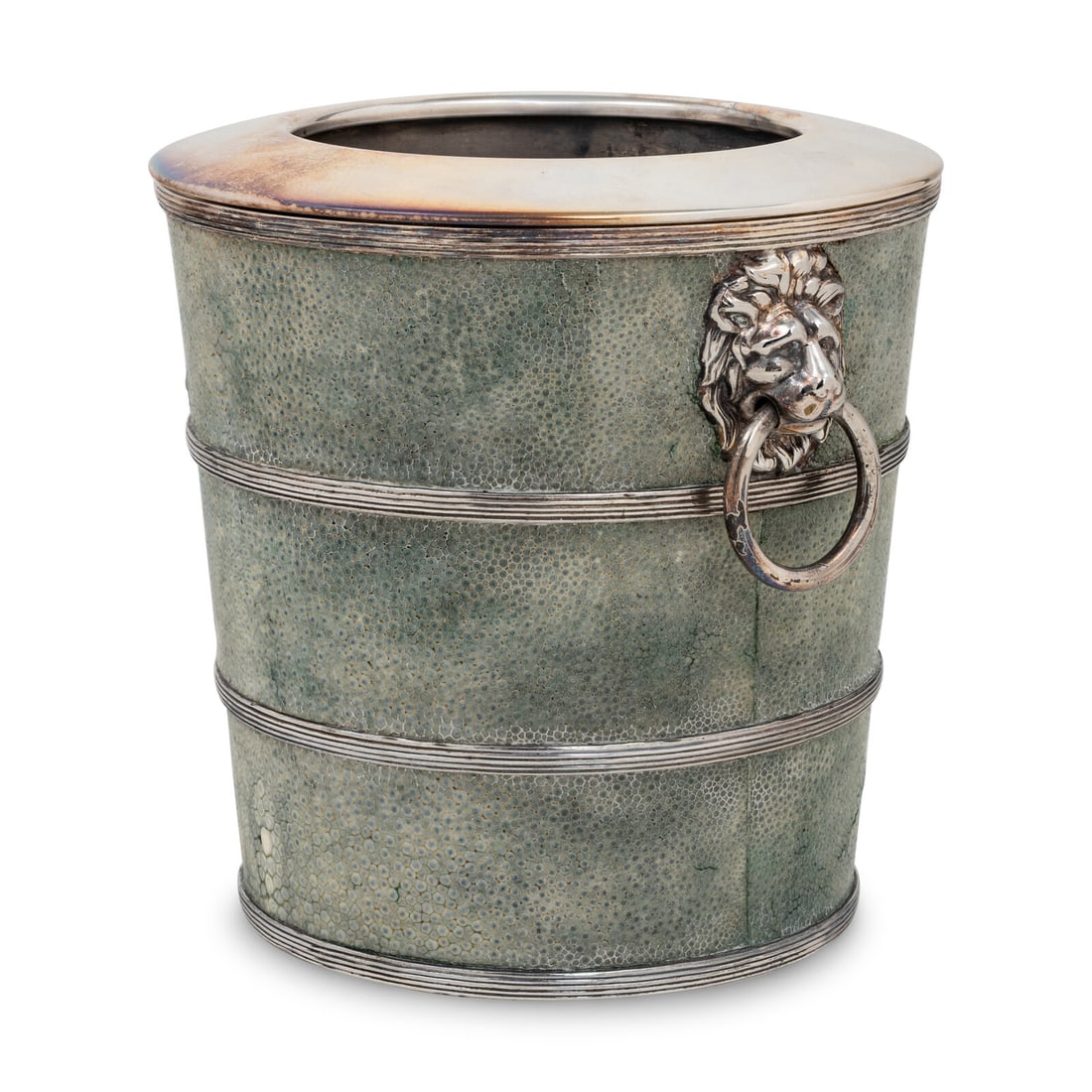 A Silver-Plate and Shagreen Wine Cooler: A Silver-Plate and Shagreen Wine Cooler 20th Century with a removable liner. Height 7 1/2 x width over handles 8 1/2 inches. Property from the Estate of Beverly Flynn, Chicago, Illinois This lot is