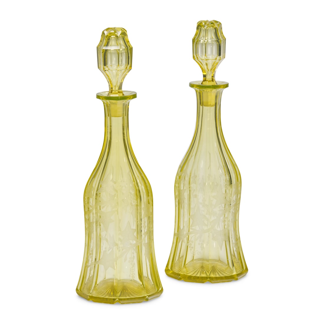 A Pair of English Cut and Etched Uranium Glass Decanters (1 of 3)