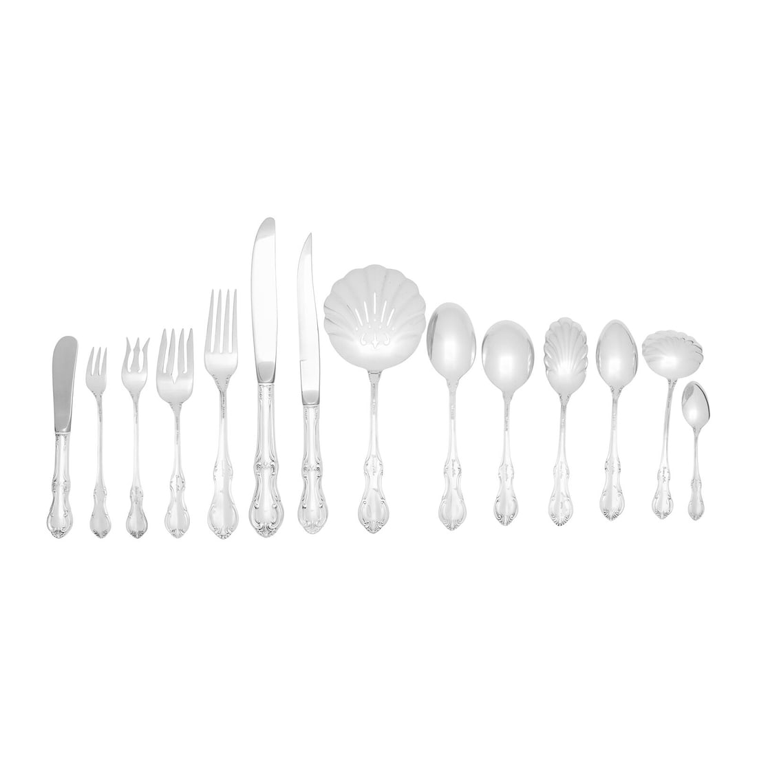 An American Silver Flatware Service: An American Silver Flatware Service International Silver Co., Meriden, CT, 20th Century Joan of Arc pattern, comprising: 12 dinner forks 12 salad forks 12 cocktail forks 12 place spoons 12 soup spoons