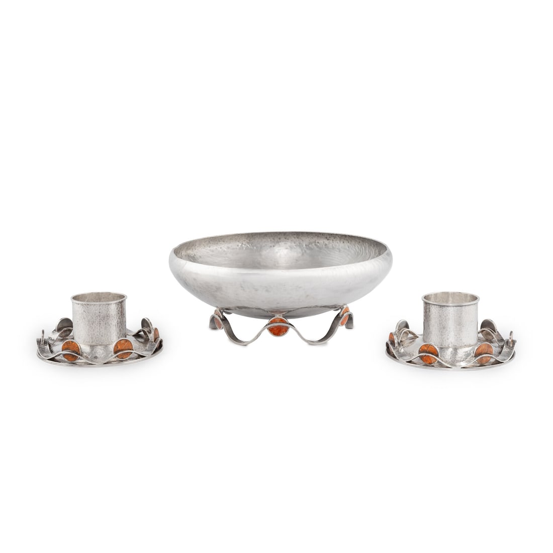 A Mexican Silver Table Garniture: A Mexican Silver Table Garniture Emilia Castillo, Taxco, 20th/21st Century comprising a centerpiece bowl and pair of candlesticks, decorated with inset hardstone. each marked '925'to underside 63 ozt 
