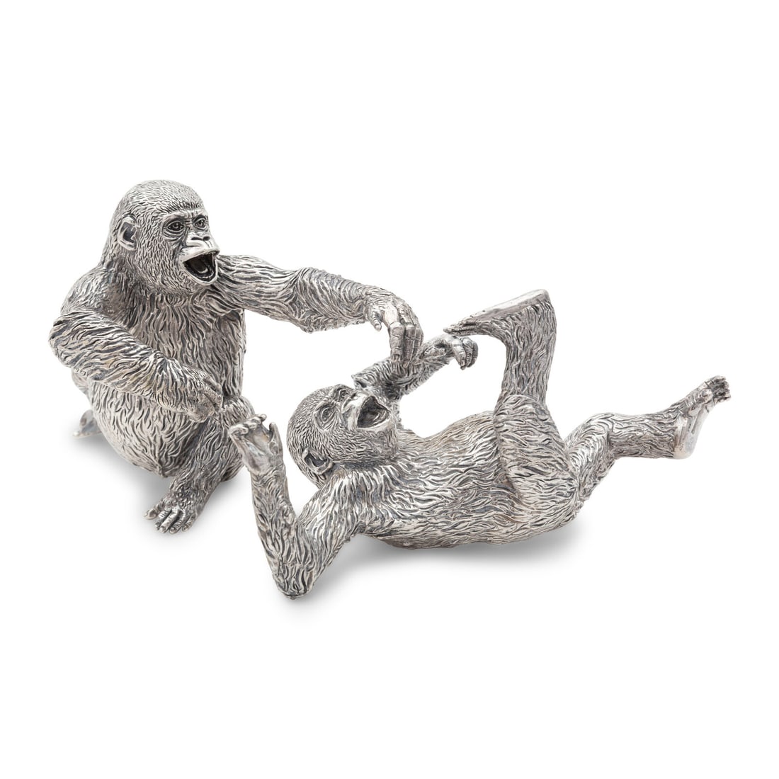 Patrick Mavros (London and Harare, Zimbabwe, Est. 1978) A Pair of Adolescent Gorillas at Play, 2001: Patrick Mavros (London and Harare, Zimbabwe, Est. 1978) A Pair of Adolescent Gorillas at Play, 2001 sterling silver each signed PM, dated and inscribed 96, stamped with the sterling silver mark for Zi