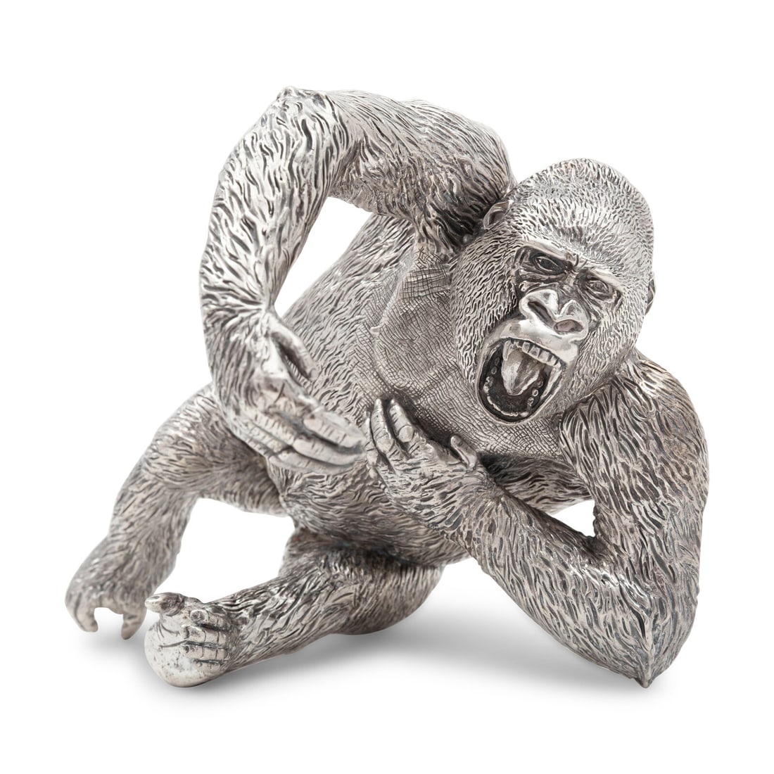 Patrick Mavros (Harare, Zimbabwe, Est. 1978) Young Male Gorilla Lying (Peter), 1996: Patrick Mavros (Harare, Zimbabwe, Est. 1978) Young Male Gorilla Lying (Peter), 1996 sterling silver signed PM and dated 96, stamped with the sterling silver mark for Zimbabwe and London date letter fo