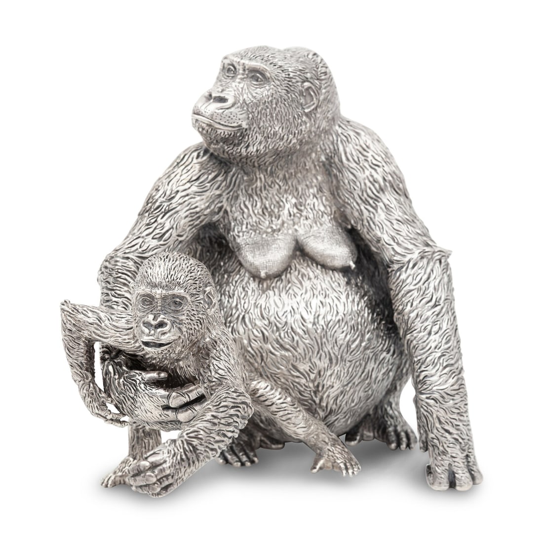 Patrick Mavros (London and Harare, Zimbabwe, Est. 1978) Seated Female Gorilla with Baby, 2001: Patrick Mavros (London and Harare, Zimbabwe, Est. 1978) Seated Female Gorilla with Baby, 2001 sterling silver the mother and infant each signed PM, stamped with the sterling silver mark for Zimbabwe a