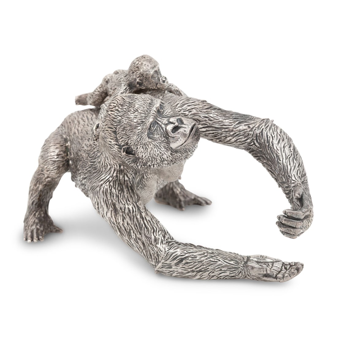 Patrick Mavros (London and Harare, Zimbabwe, Est. 1978) Female Gorilla with Infant (Sofia), 1996: Patrick Mavros (London and Harare, Zimbabwe, Est. 1978) Female Gorilla with Infant (Sofia), 1996 sterling silver the mother signed PM, dated and inscribed 8 96, stamped with the sterling silver mark f