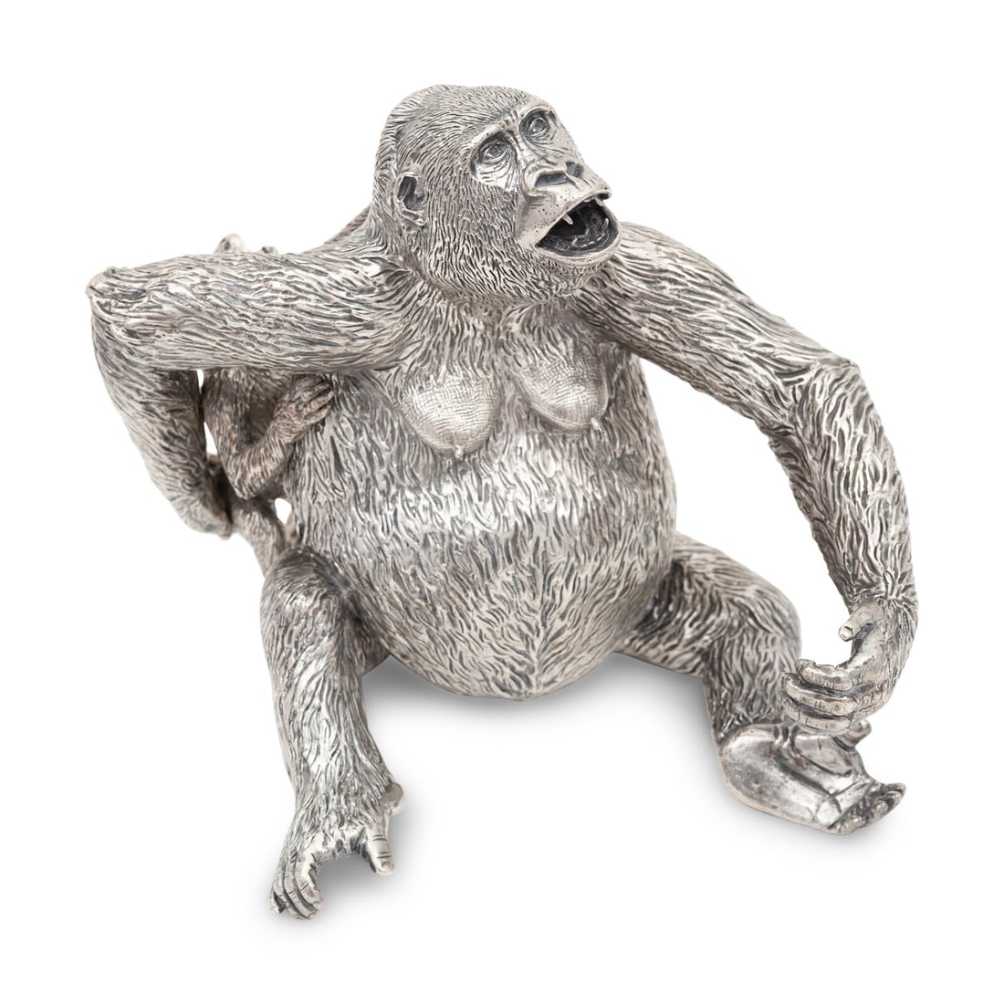 Patrick Mavros (London and Harare, Zimbabwe, Est. 1978) Seated Female Gorilla with Infant, 1996: Patrick Mavros (London and Harare, Zimbabwe, Est. 1978) Seated Female Gorilla with Infant, 1996 sterling silver the mother signed PM, dated and inscribed 17 8 96, stamped with the sterling silver mark