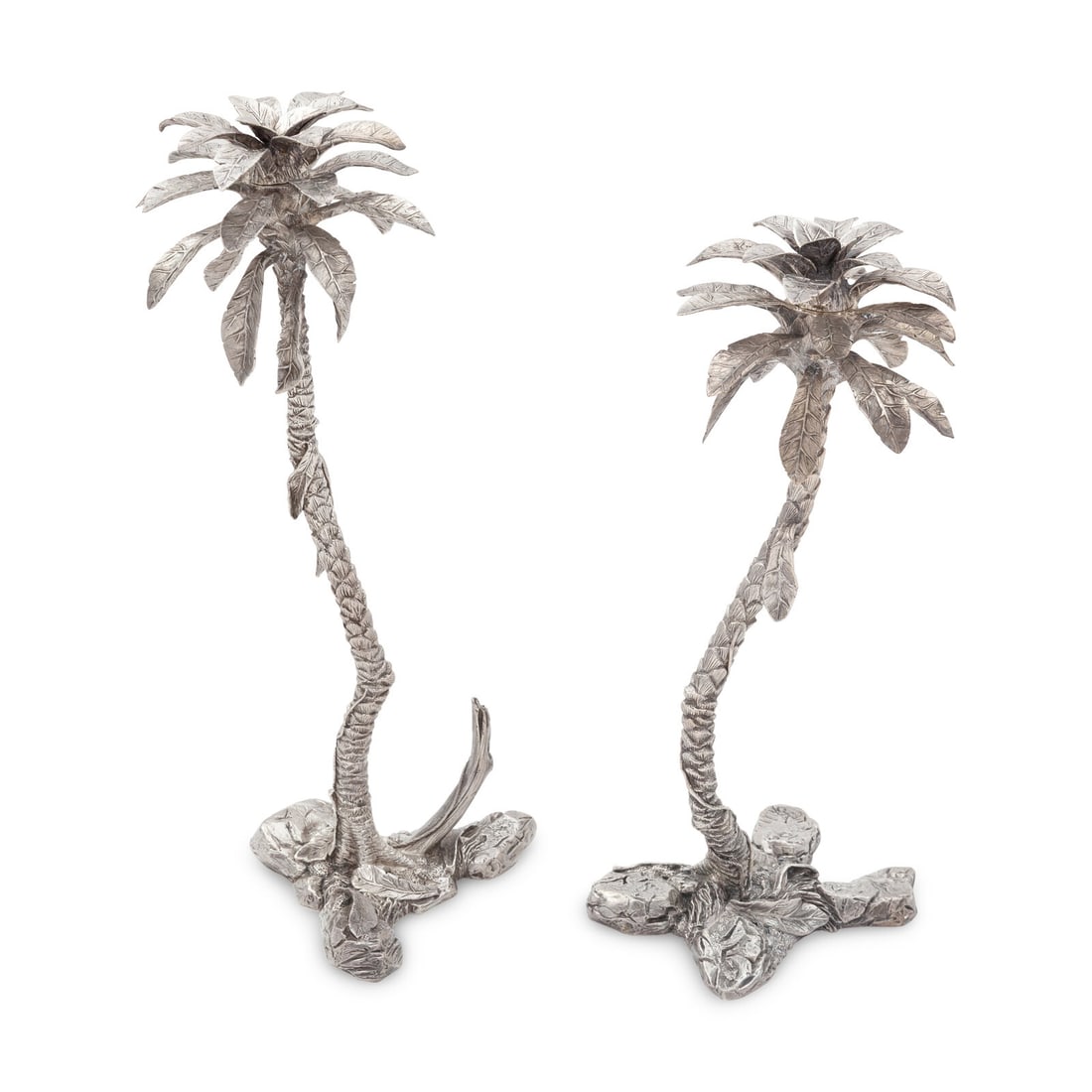 Patrick Mavros (London and Harare, Zimbabwe, Est. 1978) Two Equatorial Palm Tree Candle Holders,: Patrick Mavros (London and Harare, Zimbabwe, Est. 1978) Two Equatorial Palm Tree Candle Holders, 1996 sterling silver each signed Patrick Mavros, dated and inscribed PM 20.9.96, stamped with the sterl