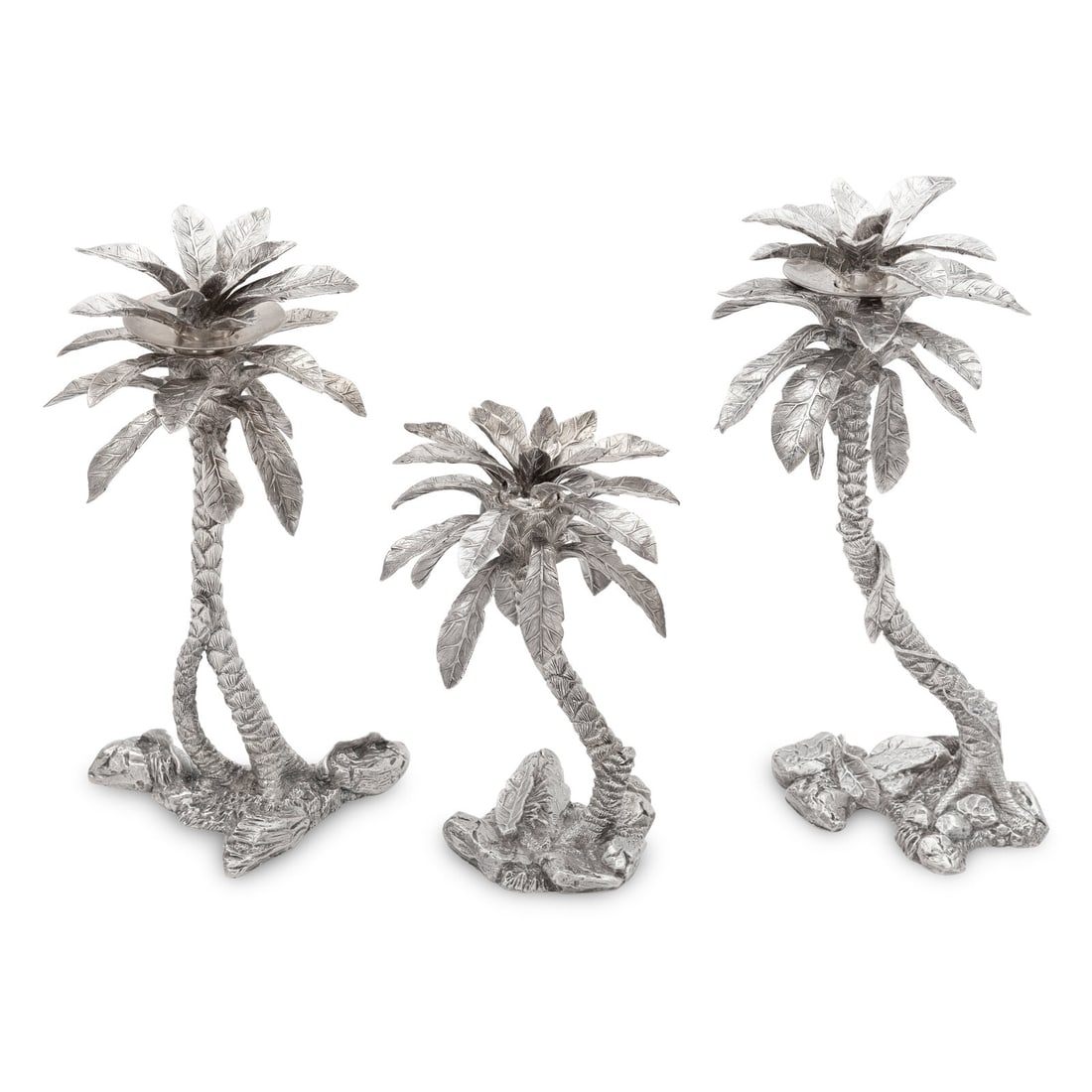 Patrick Mavros (London and Harare, Zimbabwe, Est. 1978) Three Equatorial Palm Tree Candle Holders,: Patrick Mavros (London and Harare, Zimbabwe, Est. 1978) Three Equatorial Palm Tree Candle Holders, 1996 sterling silver each signed Patrick Mavros, dated and inscribed, stamped with the sterling silve