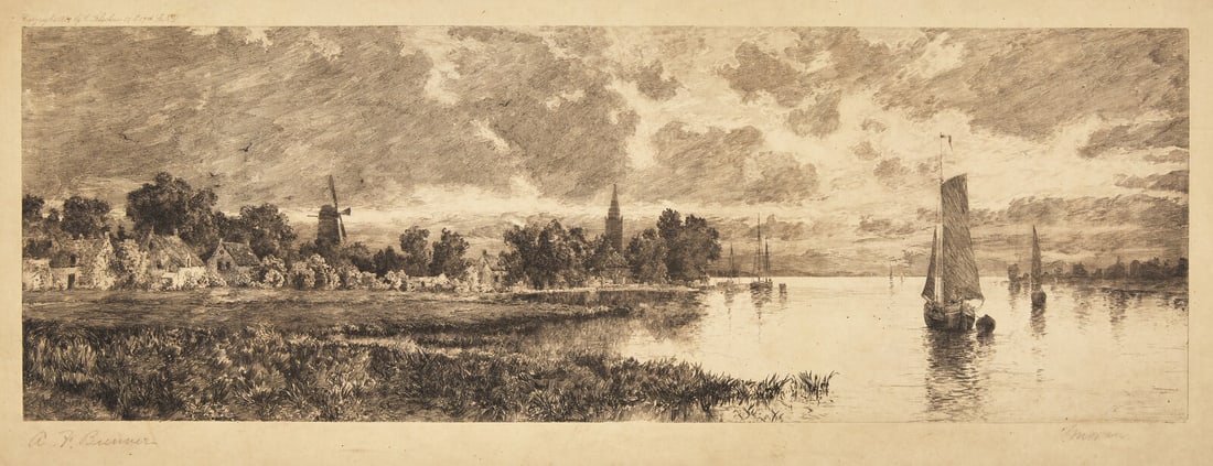 Thomas Moran (After Brunner) (American, 1837-1926) Dordrecht, 1887: Thomas Moran (After Brunner) (American, 1837-1926) Dordrecht, 1887 etching signed T. Moran (lower right); inscribed A.F. Bunner (lower left) 8 x 23 3/8 in. This lot is located in Philadelphia. Literat