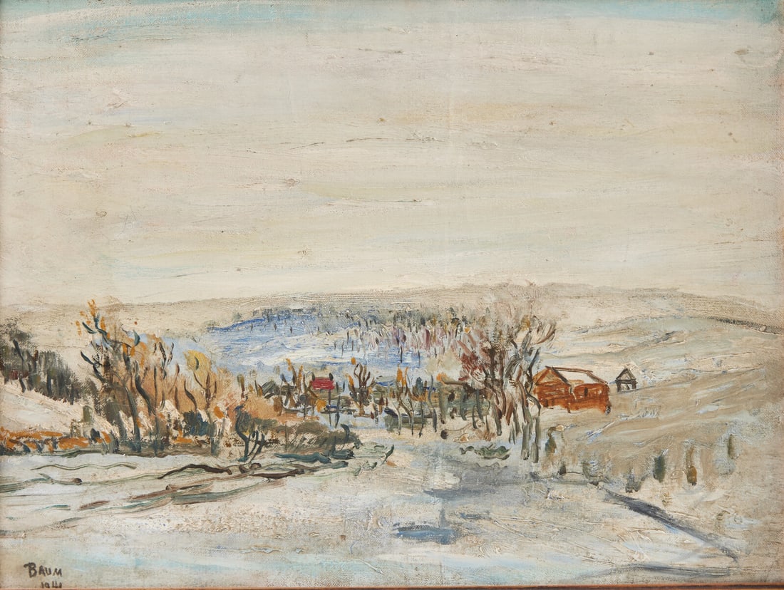 Walter Emerson Baum (American, 1884–1956) Cherryville, PA, 1941: Walter Emerson Baum (American, 1884–1956) Cherryville, PA, 1941 oil on canvasboard signed Baum and dated (lower left); signed and titled (on the reverse) 12 x 16 in. This lot is located in Phila