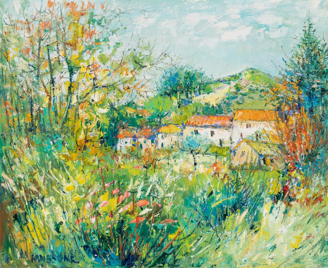 Yolande Ardissone (French, 1927–2024) Ferme dans le Vaucluse: Yolande Ardissone (French, 1927–2024) Ferme dans le Vaucluse oil on canvas signed ARDISONNE (lower left) 31 7/8 x 39 3/8 in. This lot is located in Chicago. Provenance: Wally Findlay Gallery, Ch