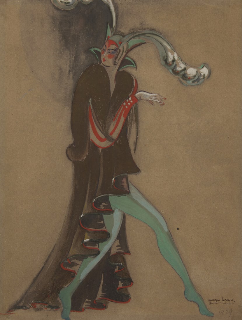 Georges Lepape (French, 1887–1971) Les Collants Bleus (a costume design), 1929: Georges Lepape (French, 1887–1971) Les Collants Bleus (a costume design), 1929 gouache with gold highlights on paper signed George Lepape and dated (lower right) 12 5/8 x 9 1/2 in. This lot is l