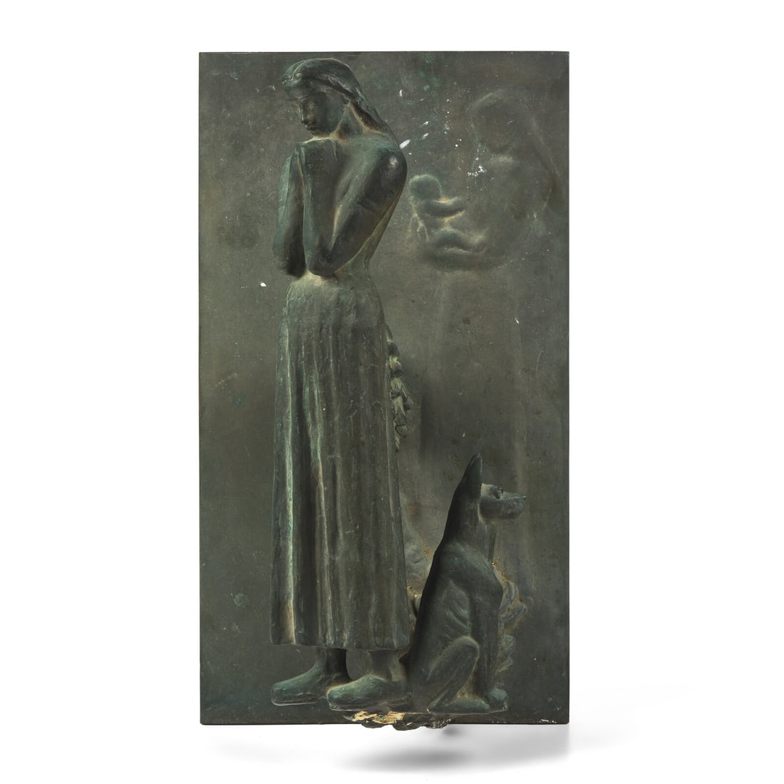 Carl (Wilhelm Emile) Milles (Swedish, 1875–1955) Young Woman and Dog: Carl (Wilhelm Emile) Milles (Swedish, 1875–1955) Young Woman and Dog bronze with verdigris patina height: 28 3/4 in. This lot is located in Philadelphia. Provenance: The Artist Thence by descent