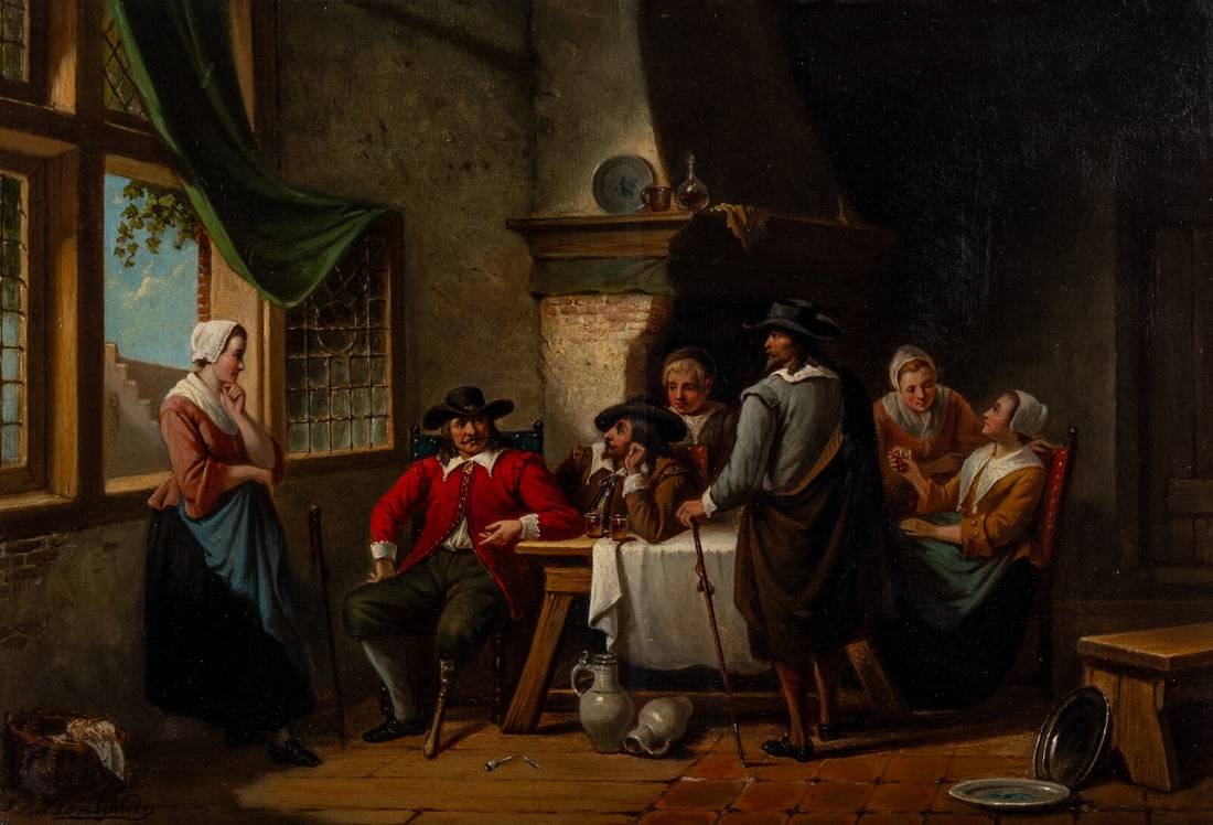 Jan Jacobus Damschroder (Dutch, 1825–1905) The Gathering: Jan Jacobus Damschroder (Dutch, 1825–1905) The Gathering oil on board signed J.J.M. Damschroder (lower left) 10 3/8 x 15 1/8 in. Property from the Estate of Audrey and Philip Rietveld, Crete, Il