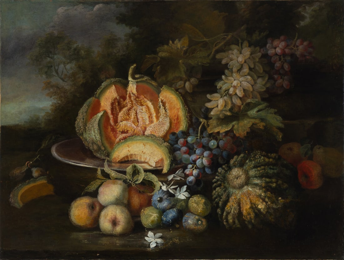 Manner of Maximilian Pfeiler (Czech, 1656–1746) Still Life with Melon, Peaches, Grapes, and (1 of 3)