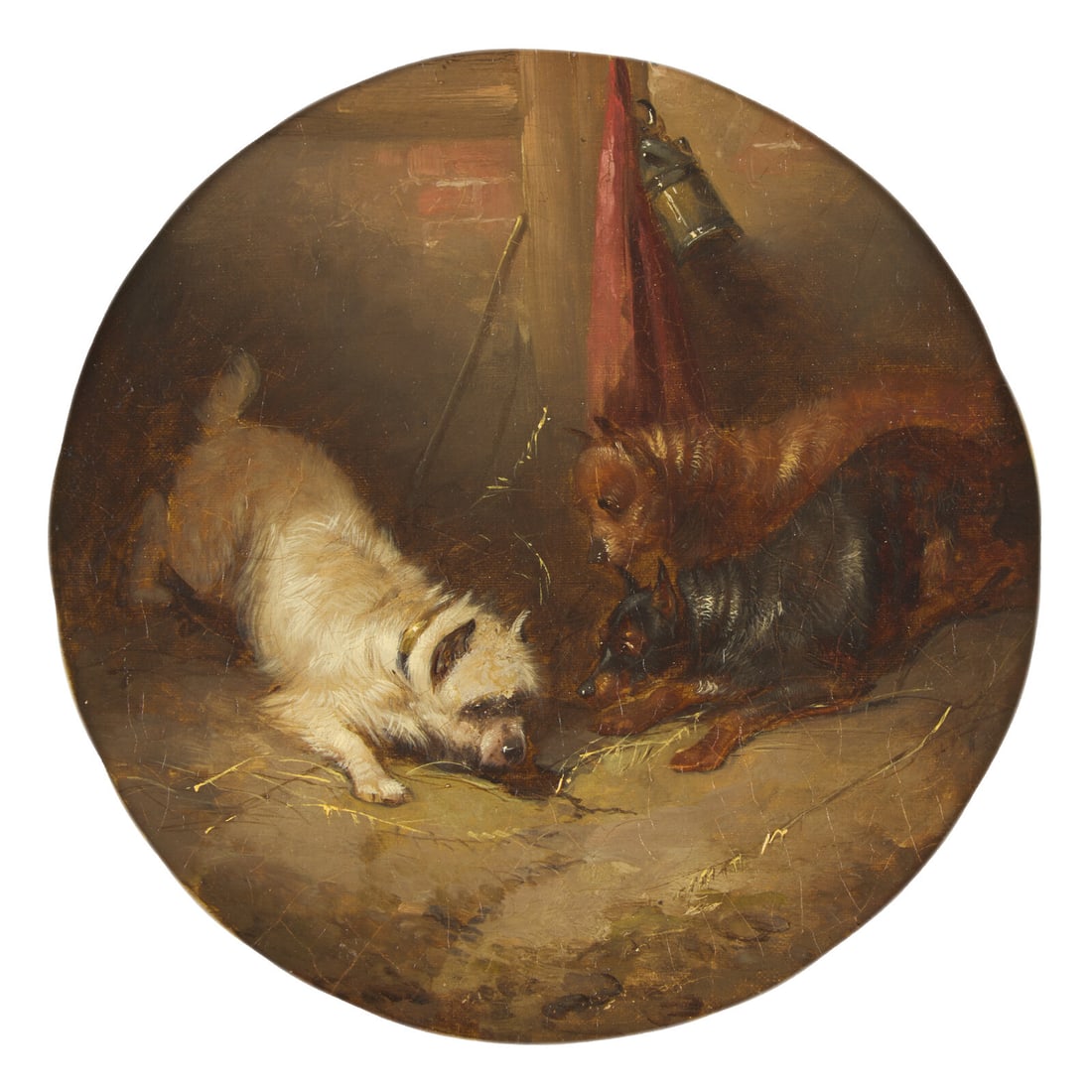 Attributed to George Armfield (British, born c. 1808-1893) Three Dogs (Roundel): Attributed to George Armfield (British, born c. 1808-1893) Three Dogs (Roundel) oil on canvas 9 3/4 x 9 3/4 in. Property from the Wetherill Family Collection, Main Line, Philadelphia and Château 