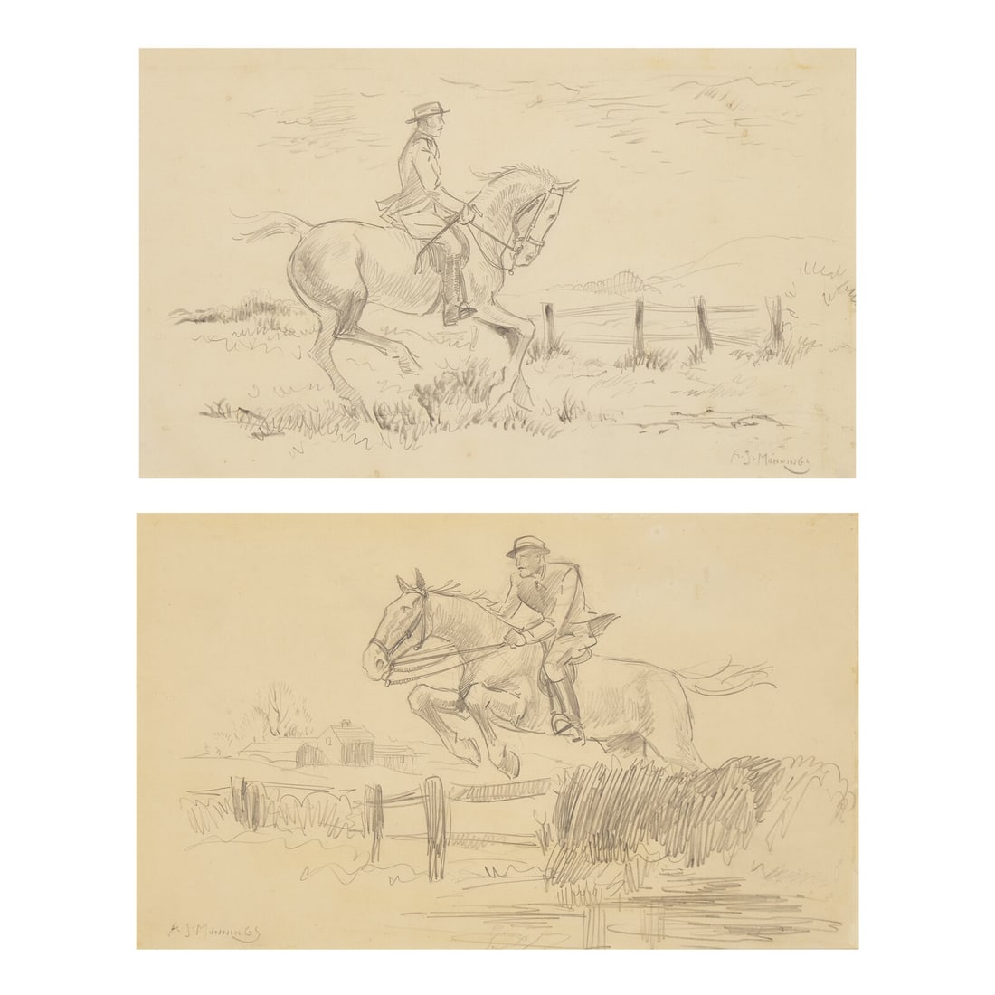 Alfred James Munnings (British, 1879–1959) A Pair of Equestrian Drawings: Alfred James Munnings (British, 1879–1959) A Pair of Equestrian Drawings pencil on paper each signed A.J. Munnings (lower left) 8 1/2 x 13 1/2 in. This lot is located in Philadelphia.