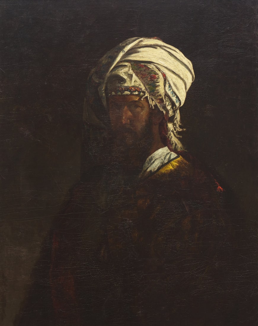 Thomas Satterwhite Noble (American, 1835–1907) Man in a Turban (Self-Portrait): Thomas Satterwhite Noble (American, 1835–1907) Man in a Turban (Self-Portrait) oil on canvas originally signed T. S. Noble on reverse of canvas, now concealed by restoration 44 x 35 in. This lot