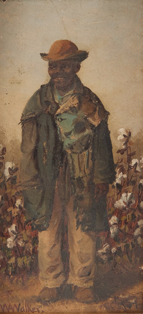 William Aiken Walker (American, 1838–1921) Cotton Picker: William Aiken Walker (American, 1838–1921) Cotton Picker oil on board signed WA Walker (lower left); titled (verso) 8 1/4 x 4 1/8 in. This lot is located in Philadelphia. John Fowler has previou