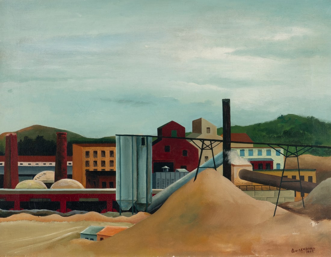 Rudolph Weisenborn (American, 1881–1974) Industrial Scene, 1947: Rudolph Weisenborn (American, 1881–1974) Industrial Scene, 1947 oil on canvas signed RWeisenborn and dated (lower right) 18 x 23 in. This lot is located in Chicago. Provenance: R. H. Love Galler